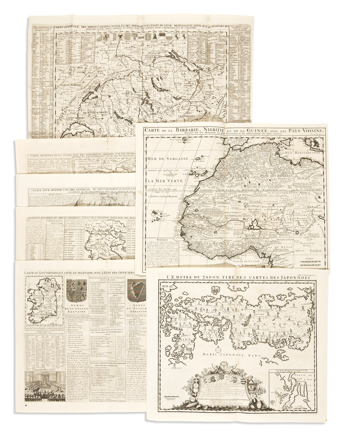 CHATELAIN, HENRI. Group of 9 double-page or folding engraved maps, mapsheets, and historical tables from Atlas Historique.